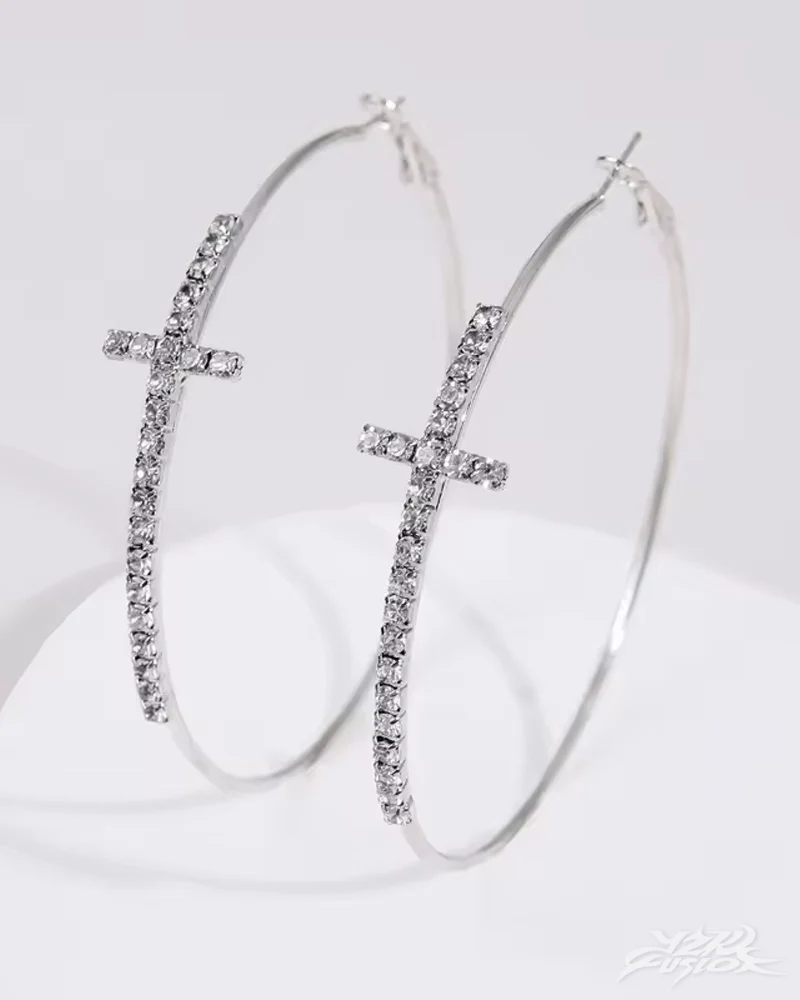 Y2K Rhinestone Cross Hoop Earrings - immagine 3